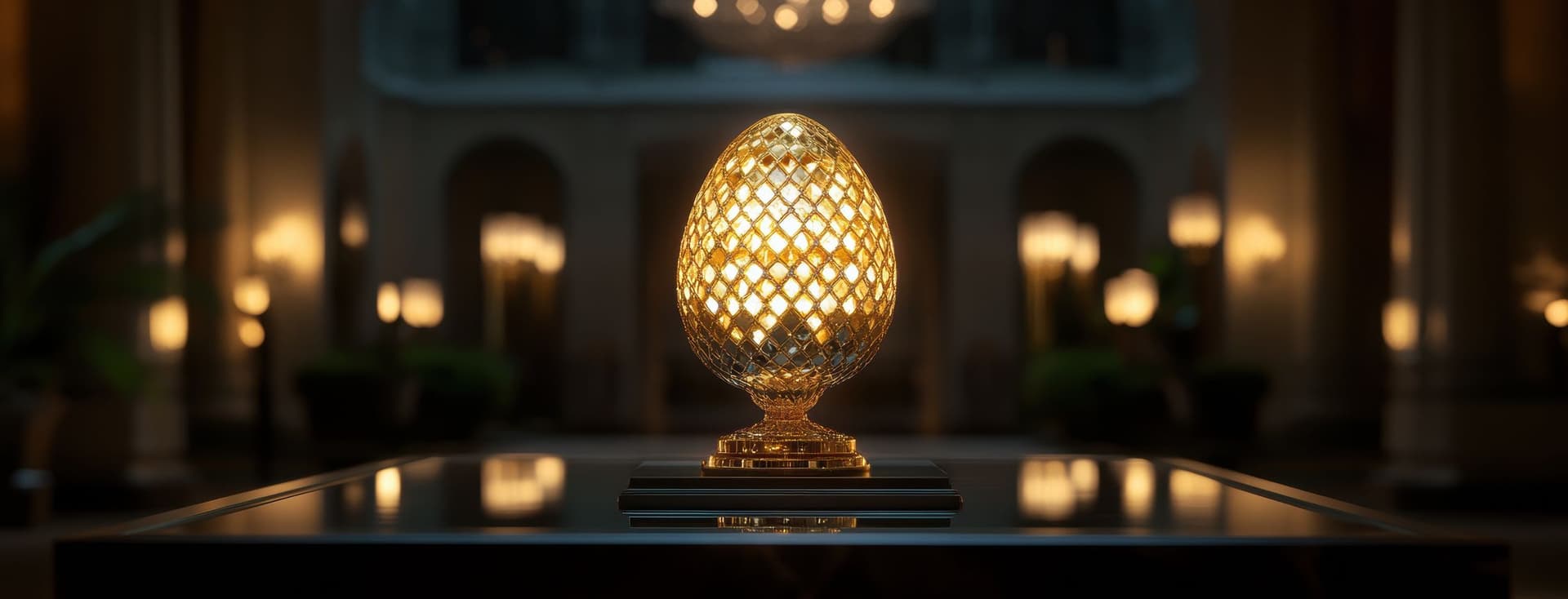 Ein elegantes goldenes Ei mit einem von innen beleuchteten Gittermuster wird auf einem Sockel in einer luxuriösen Umgebung präsentiert. Die sanfte Beleuchtung und die Lampen im Hintergrund schaffen eine raffinierte und elegante Atmosphäre. Das Objekt erscheint als Kunstwerk oder kostbares Juwel, ausgestellt in einer Halle oder einem Museum.