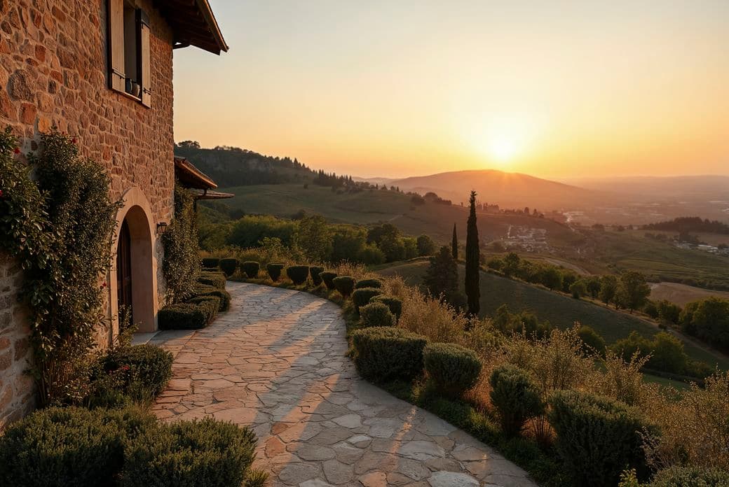 Sunset over a scenic Italian landscape with a stone house, winding path, bushes, and distant hills bathed in warm light.