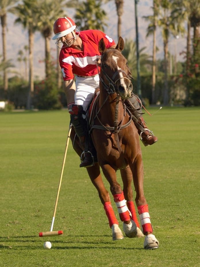 A polo player in a red and white uniform rides a horse, preparing to strike a ball on a grassy field with palm trees in the background.