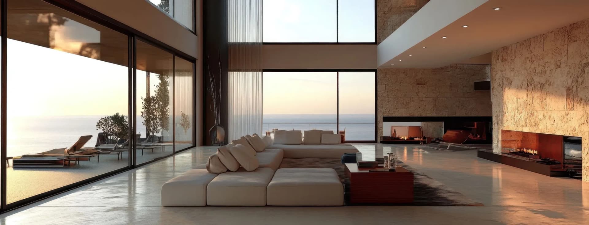Modern living room with a white sectional sofa, floor-to-ceiling windows and a stone fireplace, overlooking the ocean at sunset. AI-generated image
