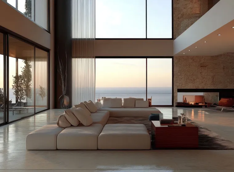 Modernes Wohnzimmer mit weißem Ecksofa, raumhohen Fensterfronten und einem Steinkamin mit Blick auf das Meer bei Sonnenuntergang.