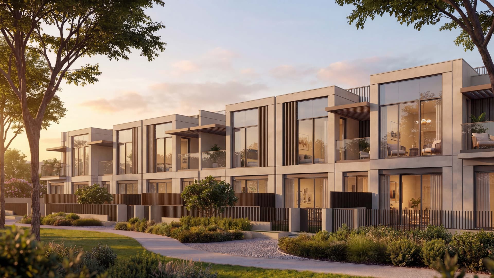 Modern row of glass-fronted townhouses at sunset, with landscaped greenery and a winding path in the foreground.