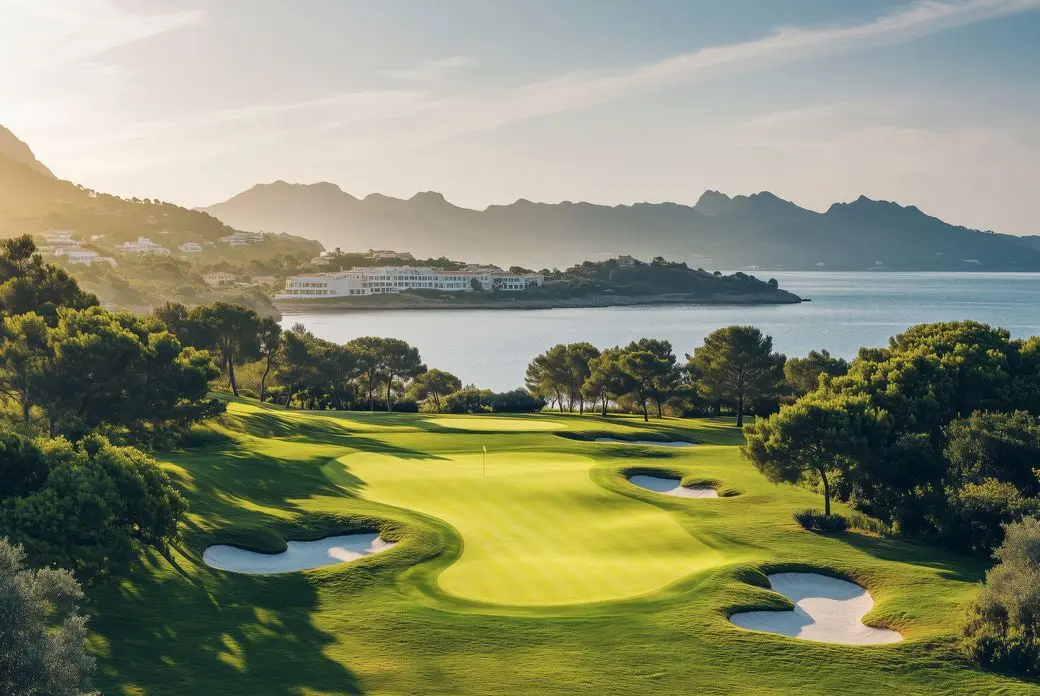 Scenic view of a green golf course with sand traps, ocean, mountains, and buildings in the background.