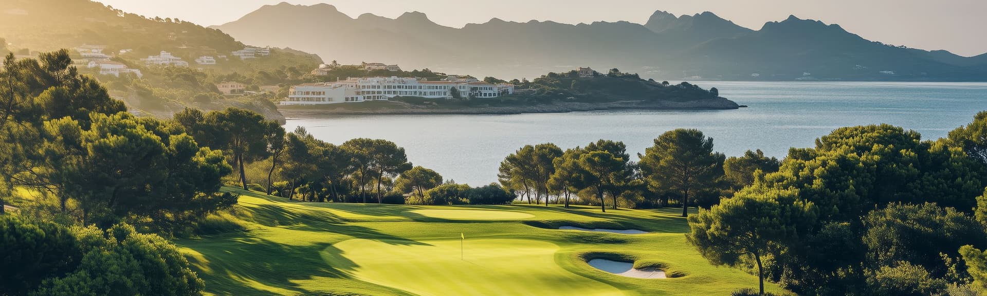 Scenic view of a green golf course with sand traps, ocean, mountains, and buildings in the background.