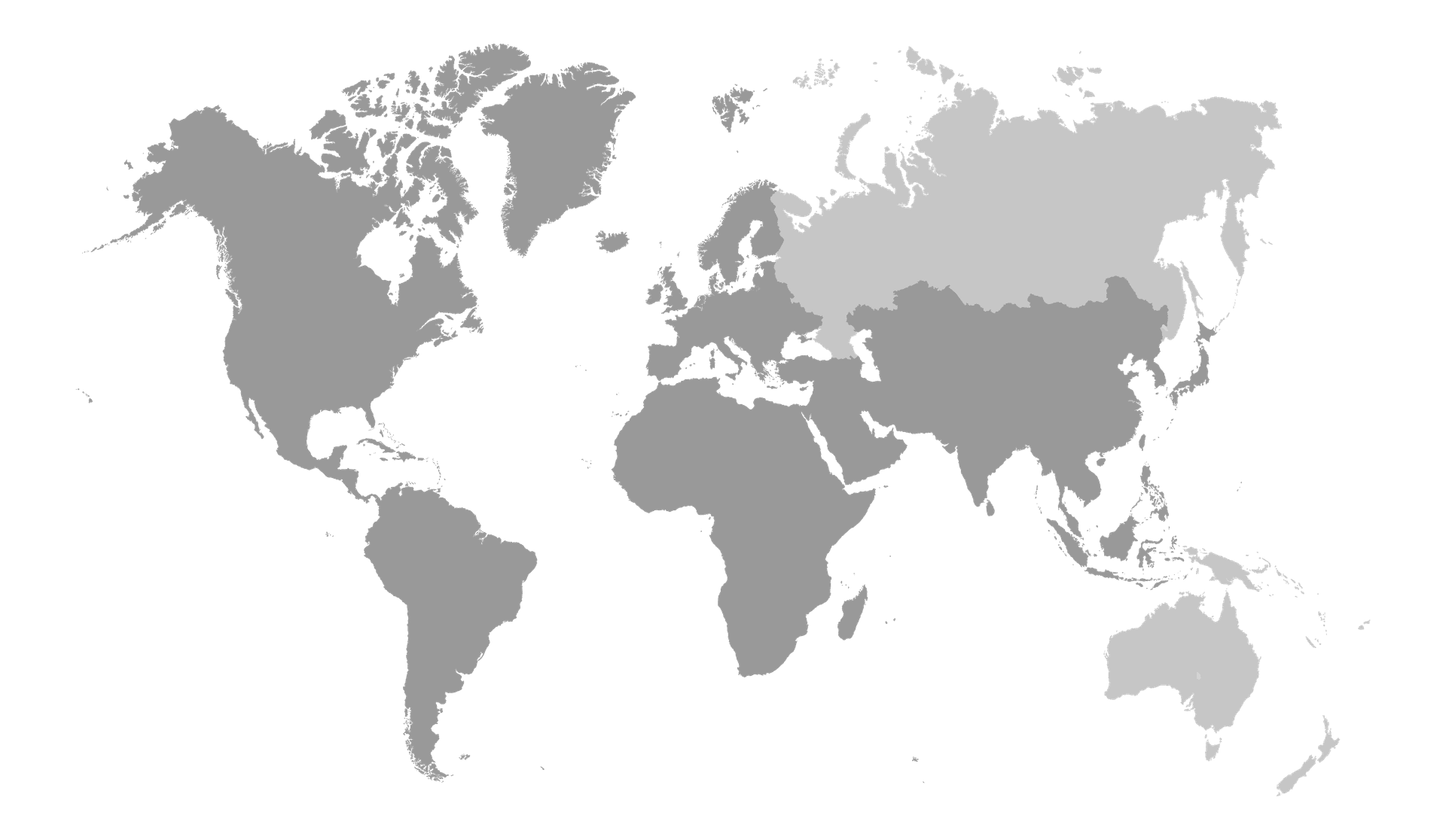 Graustufige Weltkarte, auf der Länder in verschiedenen Grautönen auf schwarzem Hintergrund hervorgehoben sind.