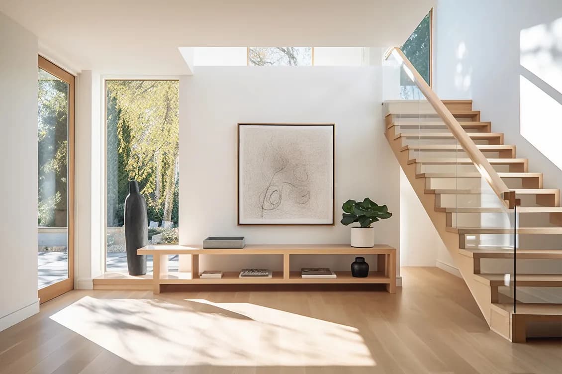 Bright, modern living room with a wooden staircase on the right, a low shelf beneath a framed abstract drawing, and large windows letting in sunlight. AI-generated image