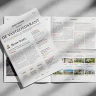 Monochrome image of a folded real estate newspaper titled DE VASTGOEDKRANT with Engel & Völkers branding, spread open.