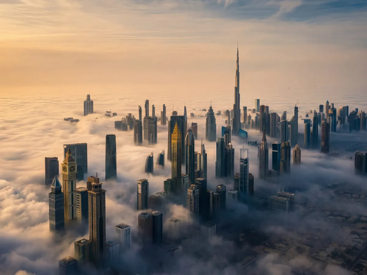 Aerial view of a cityscape with skyscrapers piercing through clouds, bathed in golden sunlight at dawn.