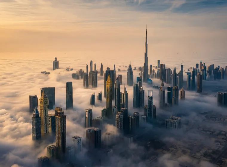 Aerial view of a cityscape with skyscrapers piercing through clouds, bathed in golden sunlight at dawn.