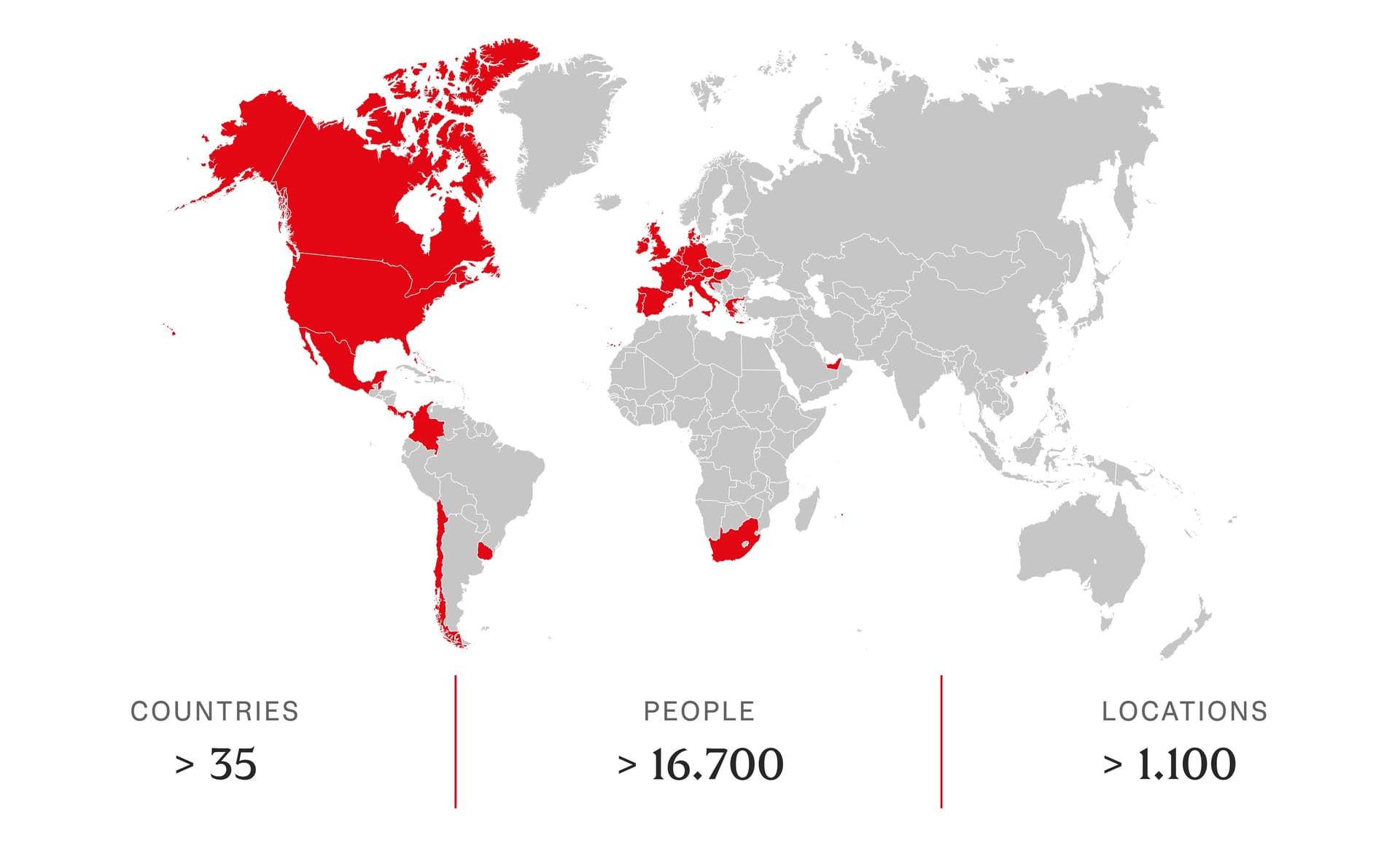 World map highlighting countries in red, including the USA, Canada, parts of Europe, and more. Text: "Pays > 35, Personnes > 16,700, Sites > 1,000."