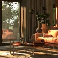 Sonnendurchflutetes, modernes Wohnzimmer mit einem orangefarbenen Sofa, üppigen Pflanzen, einem runden Couchtisch, einer Pendelleuchte und Glastüren, die sich zu einer sonnigen Terrasse öffnen.