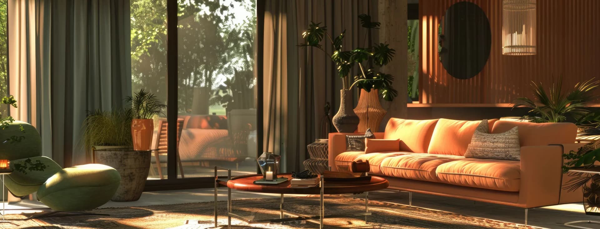 Sunlit contemporary living room with an orange sofa, lush plants, a round coffee table, a pendant light and glass doors opening onto a sunny patio. AI-generated image