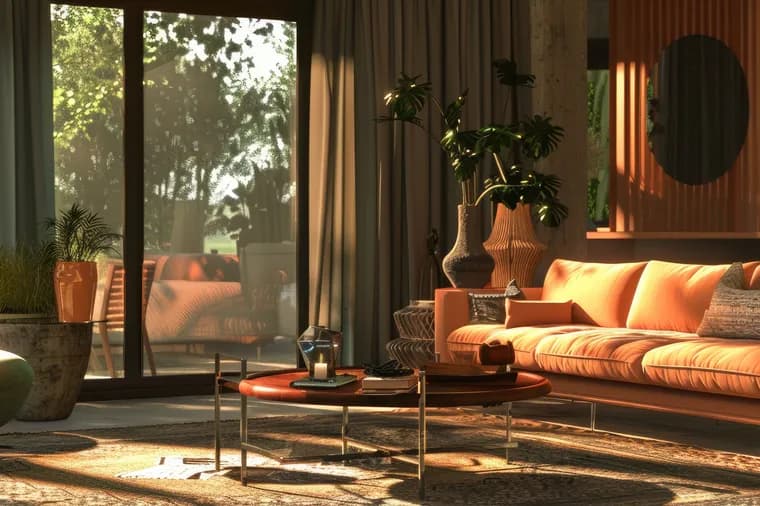 Sonnendurchflutetes, modernes Wohnzimmer mit einem orangefarbenen Sofa, üppigen Pflanzen, einem runden Couchtisch, einer Pendelleuchte und Glastüren, die sich zu einer sonnigen Terrasse öffnen.