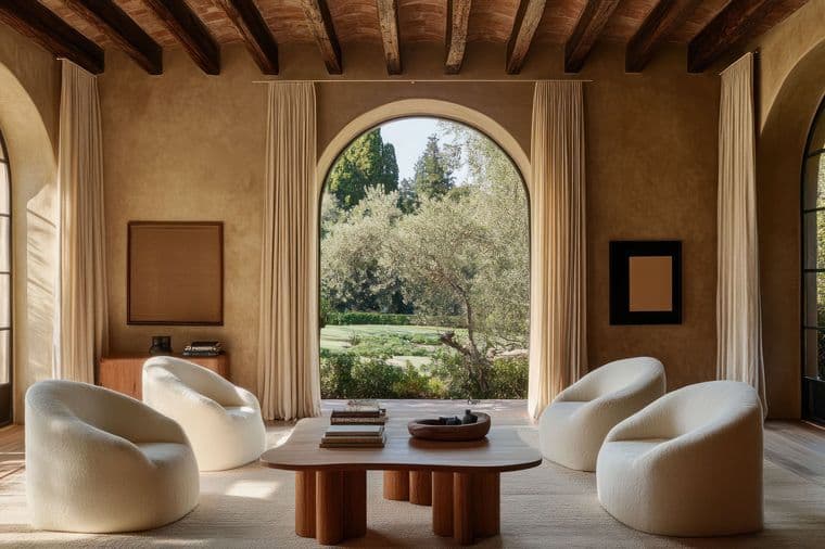 Soggiorno luminoso e curato di una casa in vendita, con pareti beige, travi in legno scuro e finestre ad arco