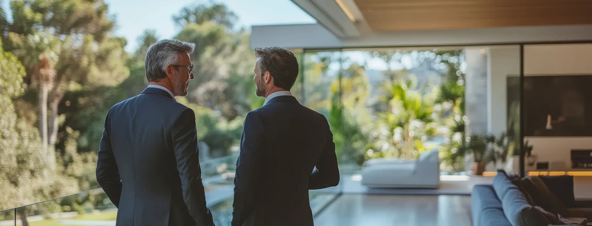 Two elegantly dressed men stand beside a glass railing in a modern home, looking out at lush greenery and trees. AI-generated image