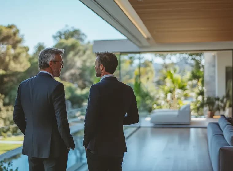 Two elegantly dressed men stand beside a glass railing in a modern home, looking out at lush greenery and trees.