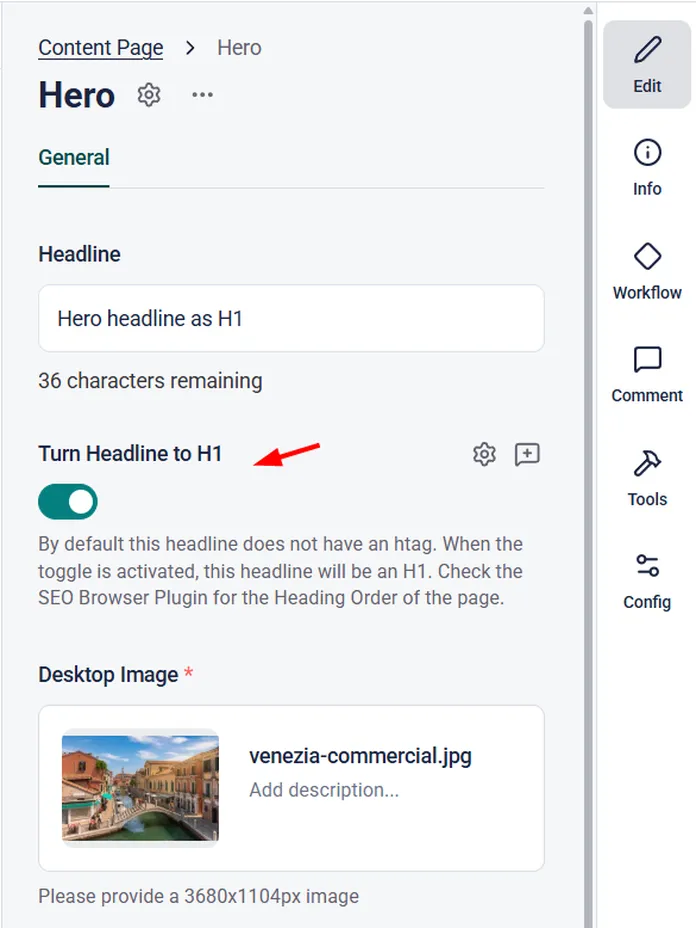 Interface showing options to set a headline as H1 with toggle and image upload section labeled "venezia-commercial.jpg".