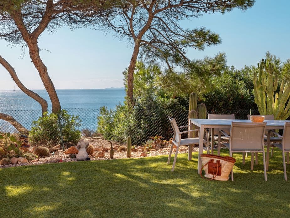 Outdoor dining table and chairs on a grassy patio under pine trees with cacti, overlooking the sparkling sea and a distant sailboat