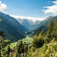 Blick über das Stubaital in Tirol, umgeben von grünen Wiesen, bewaldeten Berghängen und majestätischen Gipfeln unter einem klaren blauen Himmel.