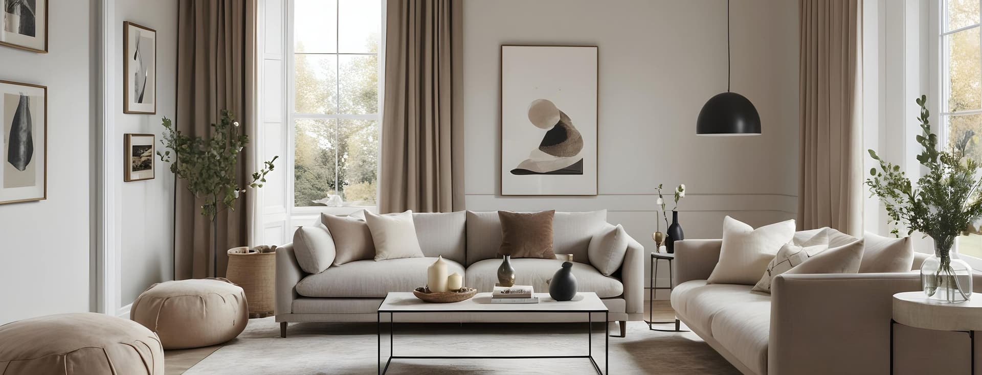 Elegant living room with modern furnishings, example of property preparation before sale. AI-generated image