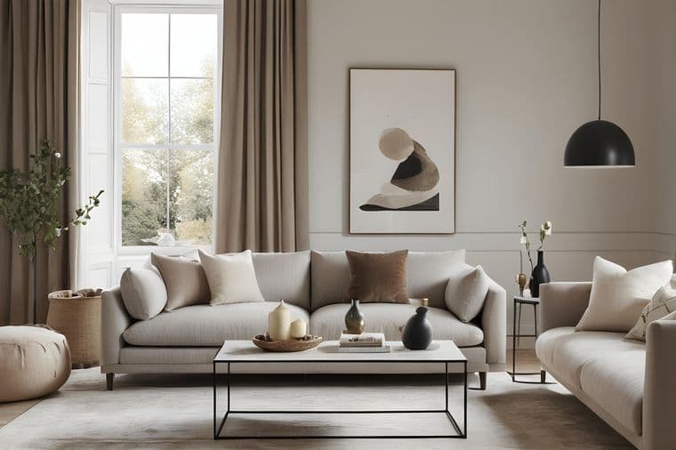 Elegant living room with modern furnishings, example of property preparation before sale.