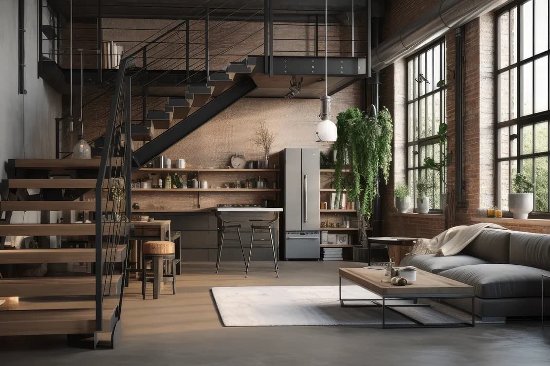 Interno di un loft industriale con mattoni a vista, grandi finestre, una scala sospesa in legno, cucina a vista e piante pendenti accanto a un divano ad angolo grigio. KI-generiertes Bild