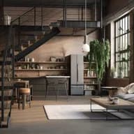 Innenansicht eines Lofts im Industrial Style mit freiliegendem Mauerwerk, großen Fenstern, einer freitragenden Holztreppe, offener Küche und Hängepflanzen neben einem grauen Ecksofa.