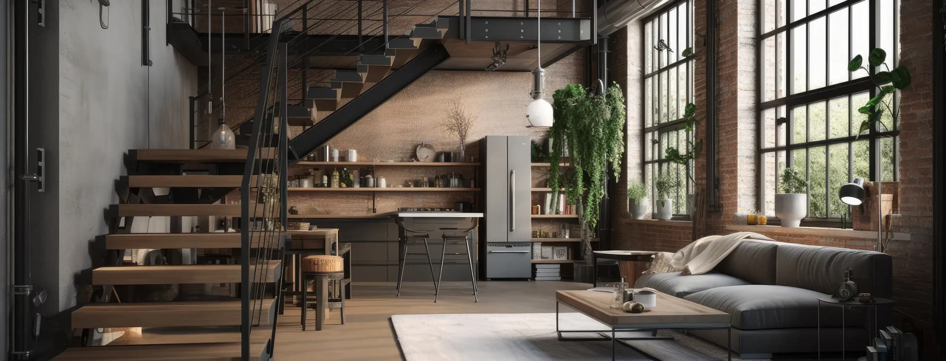 Interior of an industrial-style loft featuring exposed brick walls, large windows, a floating wooden staircase, an open-plan kitchen and hanging plants beside a grey corner sofa. AI-generated image