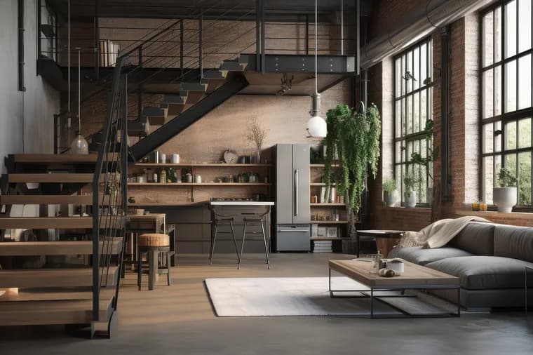 Interno di un loft industriale con mattoni a vista, grandi finestre, una scala sospesa in legno, cucina a vista e piante pendenti accanto a un divano ad angolo grigio.