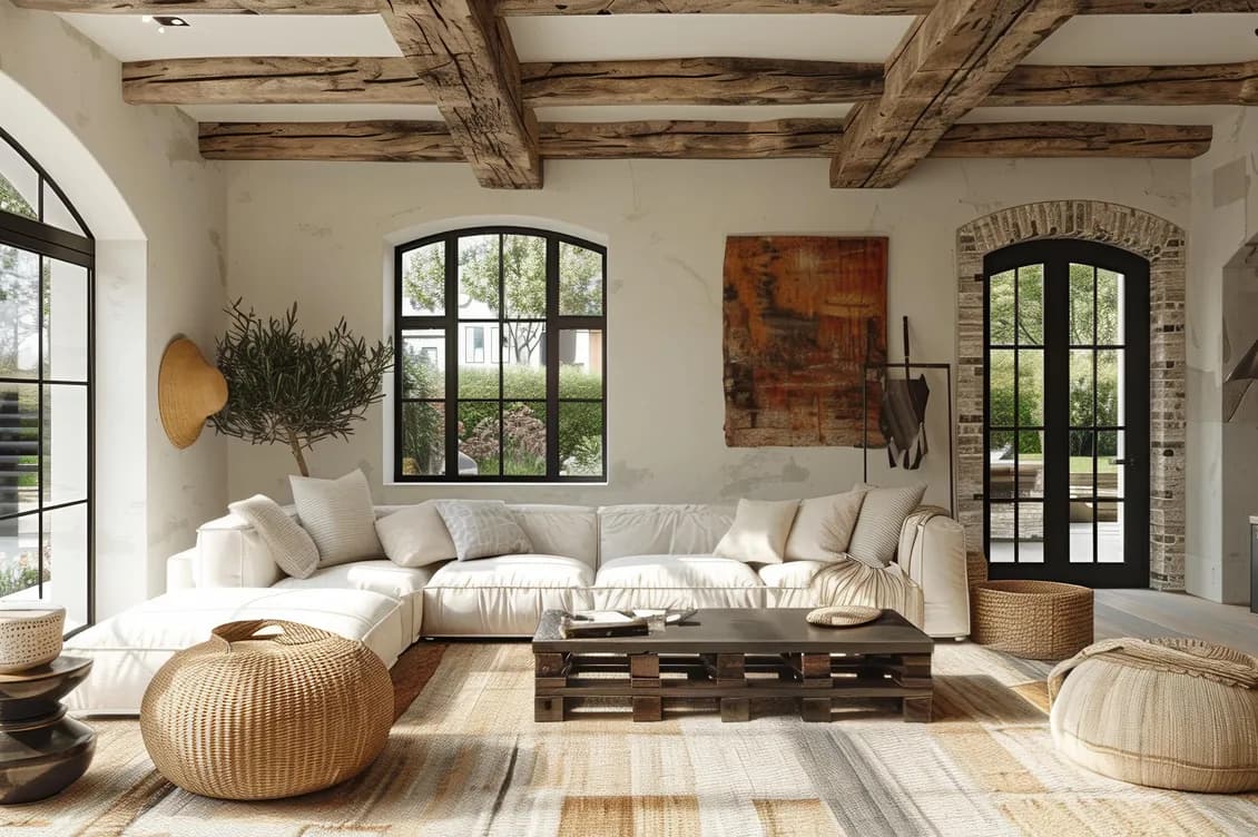 Luminoso soggiorno open space con divano componibile bianco, pouf in fibra intrecciata, tavolino da caffè in pallet, travi in legno a vista, finestre ad arco e un angolo cottura. AI-generated image