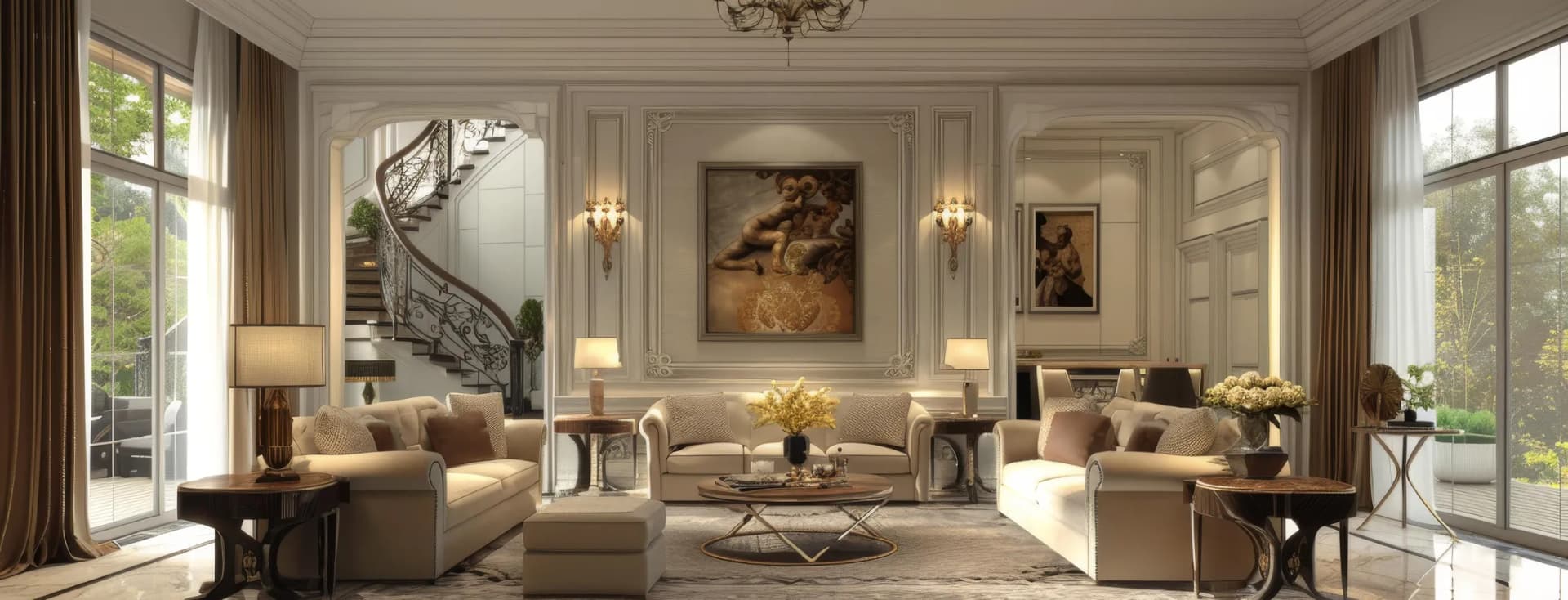 Elegantes Wohnzimmer mit weiß vertäfelten Wänden, geschwungener Treppe, dekorativen Kronleuchtern, beigefarbenen Sofas und großen Fenstern mit Vorhängen. KI-generiertes Bild