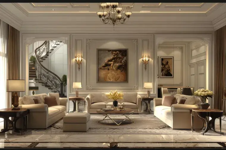 Soggiorno elegante con pareti bianche rivestite a pannelli, scala curva, lampadari decorati, divani beige e ampie finestre con tende.