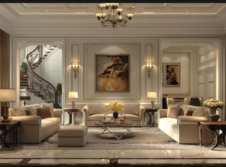 Elegant white-paneled living room with a crystal chandelier, two beige sofas around a glass coffee table, large windows, and a grand staircase.
