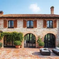 Bright Mediterranean villa with stone walls and a terracotta roof, arched brick entrances, wooden shutters, an ivy-covered façade and wicker lounge seating.