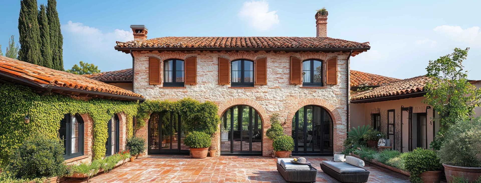 Bright Mediterranean villa with stone walls and a terracotta roof, arched brick entrances, wooden shutters, an ivy-covered façade and wicker lounge seating. AI-generated image