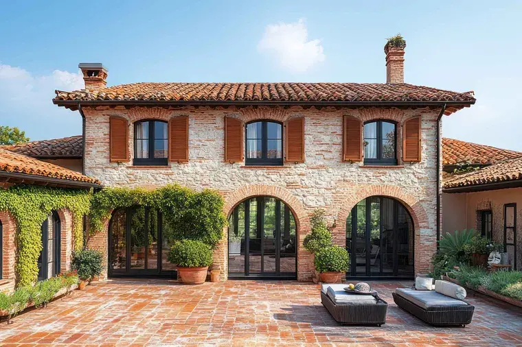 Luminosa villa mediterranea con muri in pietra e tetto in terracotta, ingressi ad arco in mattoni, persiane in legno, facciata ricoperta d'edera e sedute lounge in vimini.