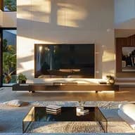 Modernes, offen gestaltetes Wohnzimmer mit raumhohen Glaswänden, Blick auf den Pool, wandmontiertem Fernseher an einer beigefarbenen Steinwand, weißen Sitzmöbeln und einem Couchtisch aus Glas.