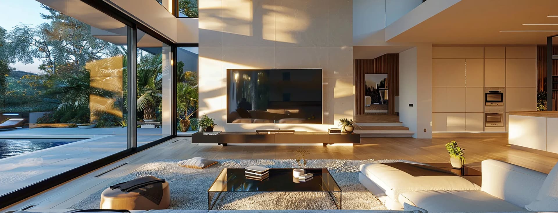 Modern open-plan living room with floor-to-ceiling glass walls, pool views, a wall-mounted TV on a beige stone wall, white seating, and a glass coffee table. AI-generated image