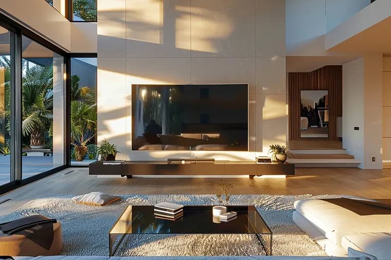 Soggiorno moderno open space con pareti vetrate a tutta altezza, vista sulla piscina, TV a parete su una parete in pietra beige, sedute bianche e tavolino da caffè in vetro.