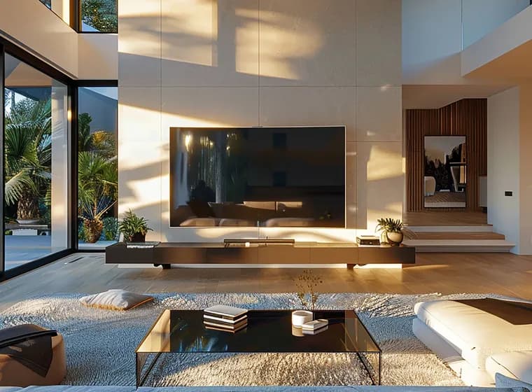 Modern open-plan living room with floor-to-ceiling glass walls, pool views, a wall-mounted TV on a beige stone wall, white seating, and a glass coffee table.