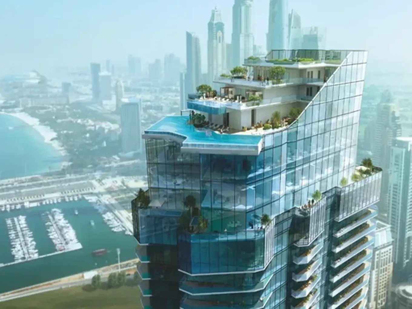 Futuristic skyscraper with a rooftop infinity pool, lush terraces, and a marina below, set against a hazy city skyline.