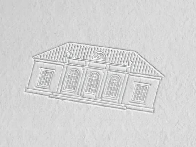Embossed letterpress illustration of a classical villa featuring a symmetrical facade with five windows, arched details, and a hipped roof with decorative lunette, printed in light relief on textured paper.