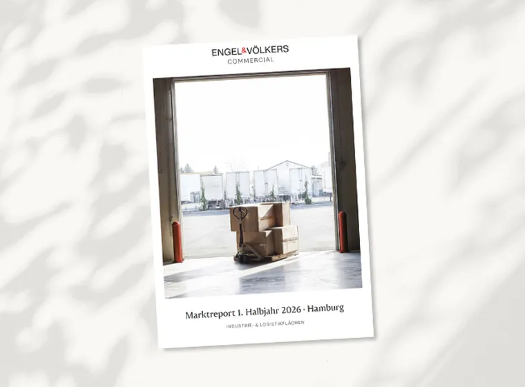 Cover page of Engel & Völkers Commercial market report, showing a warehouse interior with a pallet jack and boxes, Hamburg.