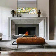 Soggiorno contemporaneo con camino in marmo, pouf capitonné color cuoio, divano beige e ampie vetrate con vista su alberi autunnali; il fuoco arde dolcemente.