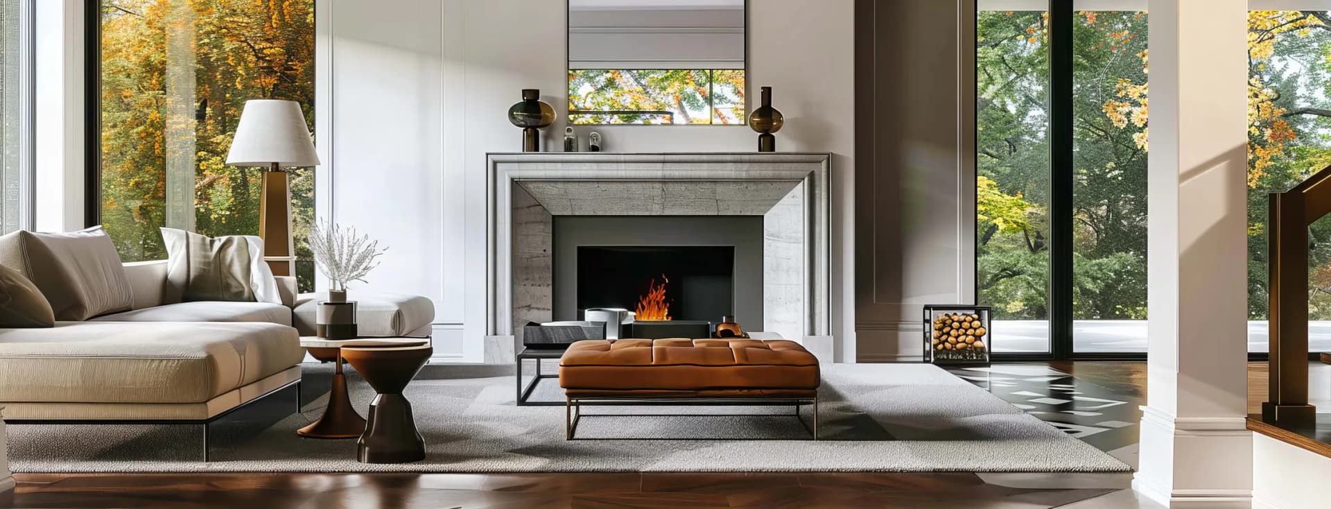 Contemporary living room with a marble fireplace, a leather capitonné ottoman, a beige sofa and large windows overlooking autumn trees, with a softly burning fire. AI-generated image