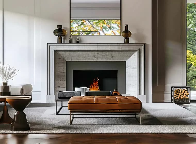 Zeitgemäßes Wohnzimmer mit Marmorkamin, lederfarbenem Capitonné-Pouf, beigefarbenem Sofa und großen Fensterfronten mit Blick auf herbstliche Bäume; im Kamin brennt ein sanftes Feuer.