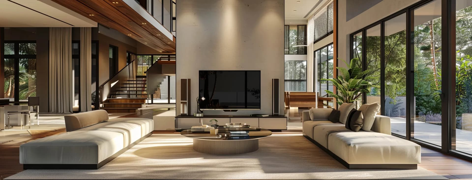 Großzügiger, moderner Wohnbereich mit weißen Sofaelementen, einem runden Couchtisch aus Holz, raumhohen Glasfronten und üppiger Begrünung im Außenbereich. KI-generiertes Bild