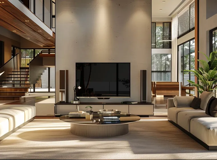 Spacious, modern living area with white sectional sofas, a round wooden coffee table, floor-to-ceiling glass walls and lush outdoor greenery.