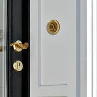 Close-up of a white door with a black frame, featuring a gold handle, lock, and doorbell.