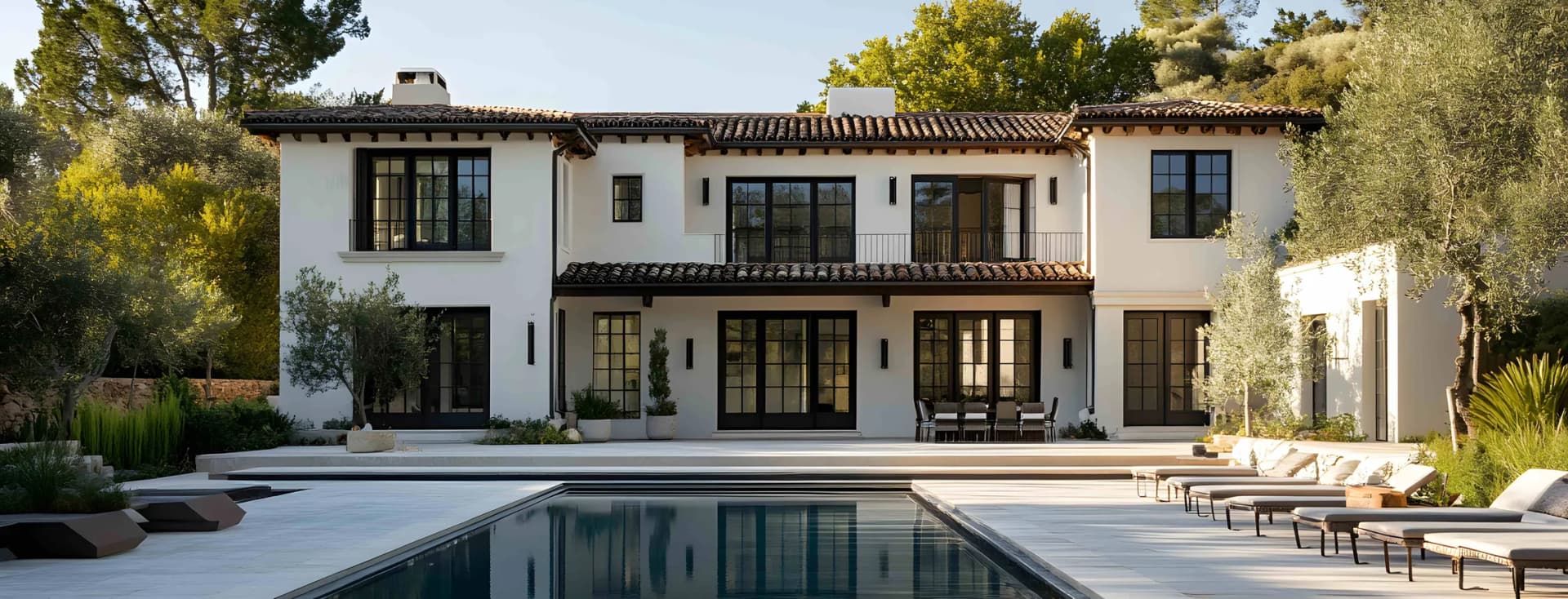 Large Mediterranean-style villa with a private pool and sun loungers. AI-generated image